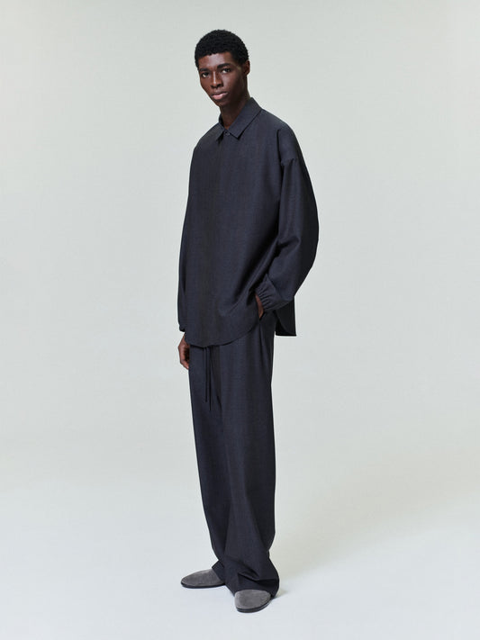Grey Striped Wool Elastic Cuff Shirt