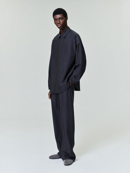 Grey Striped Wool Wide Leg Drawstring Pants