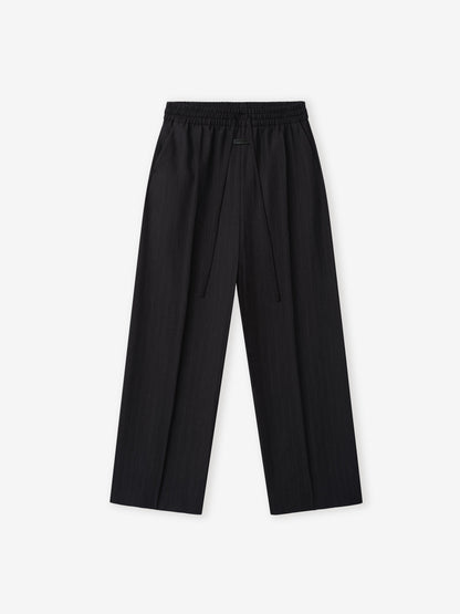 Black Striped Wool Wide Leg Drawstring Pants