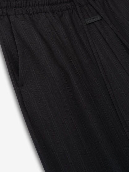 Black Striped Wool Wide Leg Drawstring Pants